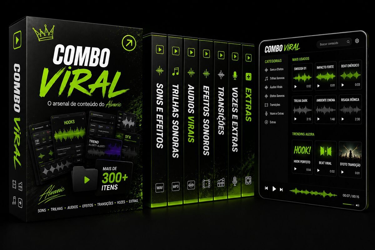 Mockup do Combo Viral: caixa do produto, spines de categoria e tela do app